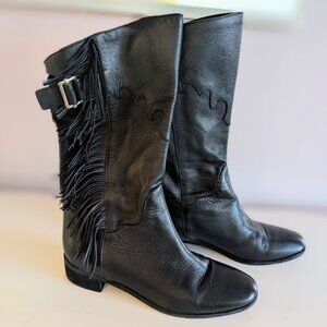 See by Chloé Black Leather Fringe Trim Mid-Calf Moto Cowboy Boots Size EU39